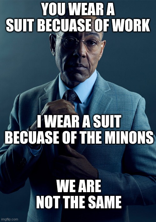 we aren't the same | YOU WEAR A SUIT BECUASE OF WORK; I WEAR A SUIT BECUASE OF THE MINONS; WE ARE NOT THE SAME | image tagged in gus fring we are not the same | made w/ Imgflip meme maker