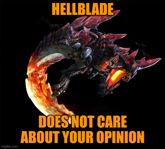 Hellblade dosen't care. | HELLBLADE; DOES NOT CARE ABOUT YOUR OPINION | image tagged in monster hunter | made w/ Imgflip meme maker