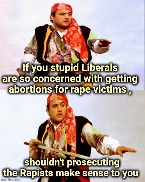 Pirate joke | If you stupid Liberals are so concerned with getting abortions for rape victims , shouldn't prosecuting the Rapists make sense to you | image tagged in pirate joke | made w/ Imgflip meme maker