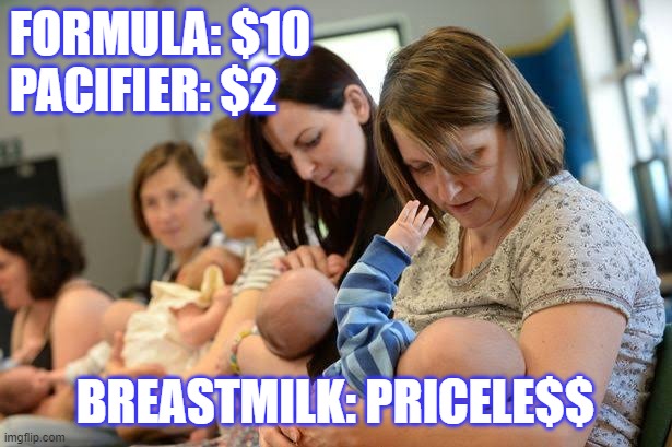 Breastfeeding Pricele$$ | FORMULA: $10
PACIFIER: $2; BREASTMILK: PRICELE$$ | image tagged in mum life nye | made w/ Imgflip meme maker