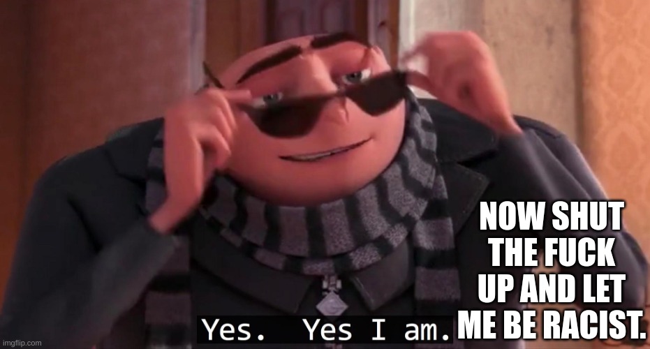 Gru yes, yes i am. | NOW SHUT THE FUCK UP AND LET ME BE RACIST. | image tagged in gru yes yes i am | made w/ Imgflip meme maker