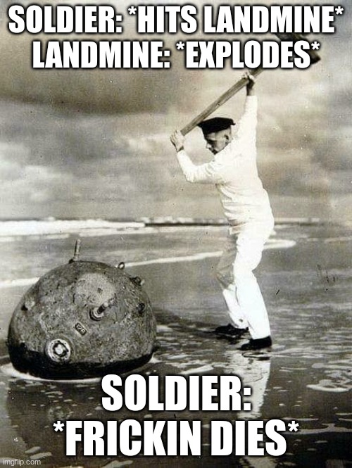 not much to say | SOLDIER: *HITS LANDMINE*
LANDMINE: *EXPLODES*; SOLDIER: *FRICKIN DIES* | image tagged in sea mine idiot | made w/ Imgflip meme maker