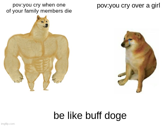 be like buff doggy | pov:you cry when one of your family members die; pov:you cry over a girl; be like buff doge | image tagged in memes,buff doge vs cheems | made w/ Imgflip meme maker