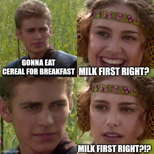 Milk is first you can't say no |  GONNA EAT CEREAL FOR BREAKFAST; MILK FIRST RIGHT? MILK FIRST RIGHT?!? | image tagged in anakin padme 4 panel | made w/ Imgflip meme maker