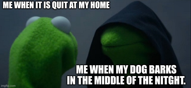 me when it i quit | ME WHEN IT IS QUIT AT MY HOME; ME WHEN MY DOG BARKS IN THE MIDDLE OF THE NITGHT. | image tagged in memes,evil kermit | made w/ Imgflip meme maker