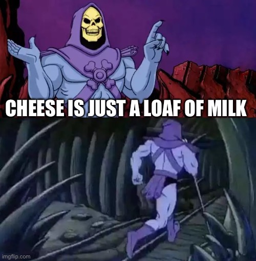 Skeletor says something then runs away | CHEESE IS JUST A LOAF OF MILK | image tagged in skeletor says something then runs away | made w/ Imgflip meme maker