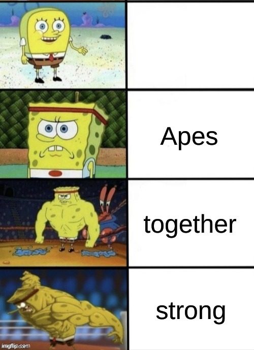 SpongeBob Strength | Apes; together; strong | image tagged in spongebob strength | made w/ Imgflip meme maker