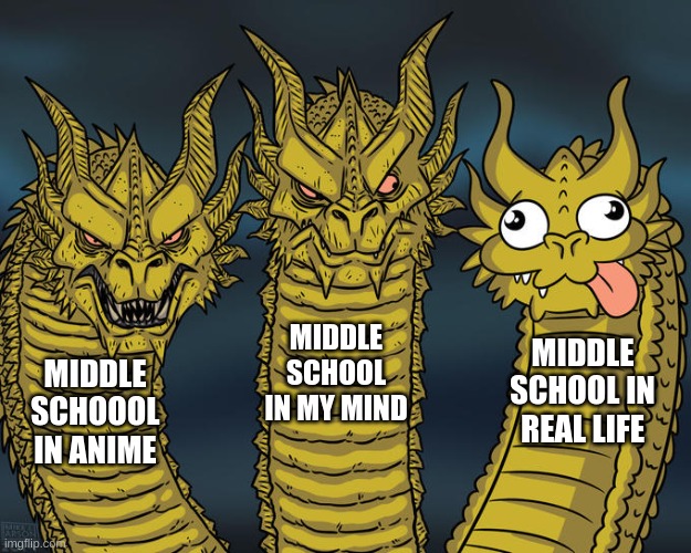 middle vs middle schoool | MIDDLE SCHOOL IN MY MIND; MIDDLE SCHOOL IN REAL LIFE; MIDDLE SCHOOOL IN ANIME | image tagged in three-headed dragon | made w/ Imgflip meme maker