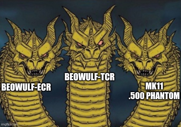 Day 2 of posting Phantom Forces memes in Imgflip | BEOWULF-TCR; MK11 .500 PHANTOM; BEOWULF-ECR | image tagged in headed dragons but scary | made w/ Imgflip meme maker