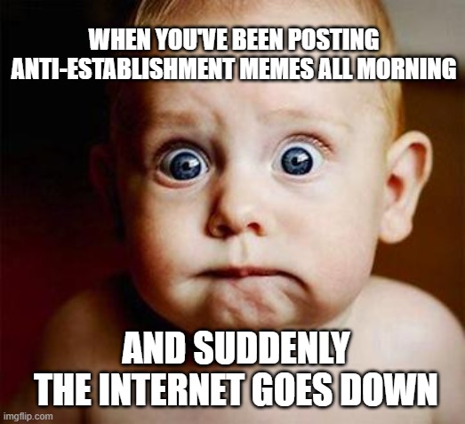 Whoops |  WHEN YOU'VE BEEN POSTING ANTI-ESTABLISHMENT MEMES ALL MORNING; AND SUDDENLY THE INTERNET GOES DOWN | image tagged in scared baby | made w/ Imgflip meme maker