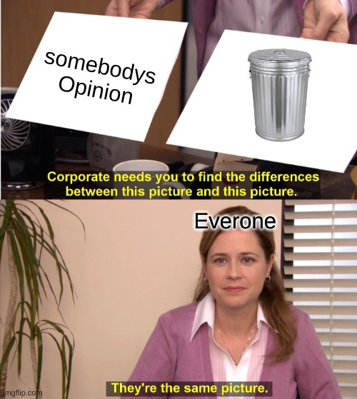 Opinions are Bad | somebodys Opinion; Everone | image tagged in memes,they're the same picture | made w/ Imgflip meme maker