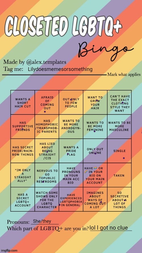 Did this cuz why not lol | Lilydoesmemesorsomething; She/they; lol I got no clue | image tagged in closeted lgbtq bingo | made w/ Imgflip meme maker