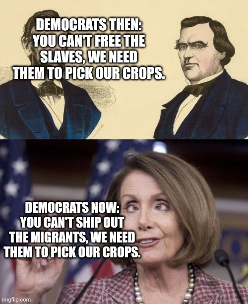 Democrats Then and Now | DEMOCRATS THEN: YOU CAN'T FREE THE SLAVES, WE NEED THEM TO PICK OUR CROPS. DEMOCRATS NOW: YOU CAN'T SHIP OUT THE MIGRANTS, WE NEED THEM TO PICK OUR CROPS. | image tagged in nancy pelosi | made w/ Imgflip meme maker