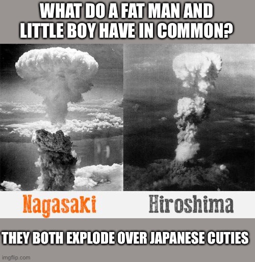 Ended wwii | WHAT DO A FAT MAN AND LITTLE BOY HAVE IN COMMON? THEY BOTH EXPLODE OVER JAPANESE CUTIES | image tagged in nagasaki hiroshima nuclear bomb wwii,nuclear explosion,atomic bomb,fat man,little boy | made w/ Imgflip meme maker