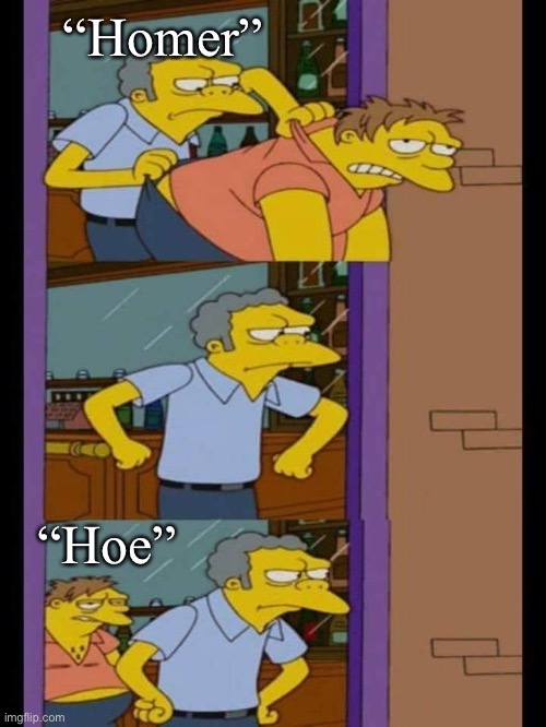 Moe and Barney |  “Homer”; “Hoe” | image tagged in moe and barney,hoe,moe,moe throws barney | made w/ Imgflip meme maker