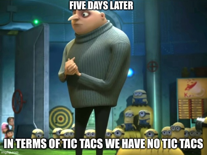 In terms of money, we have no money | FIVE DAYS LATER IN TERMS OF TIC TACS WE HAVE NO TIC TACS | image tagged in in terms of money we have no money | made w/ Imgflip meme maker