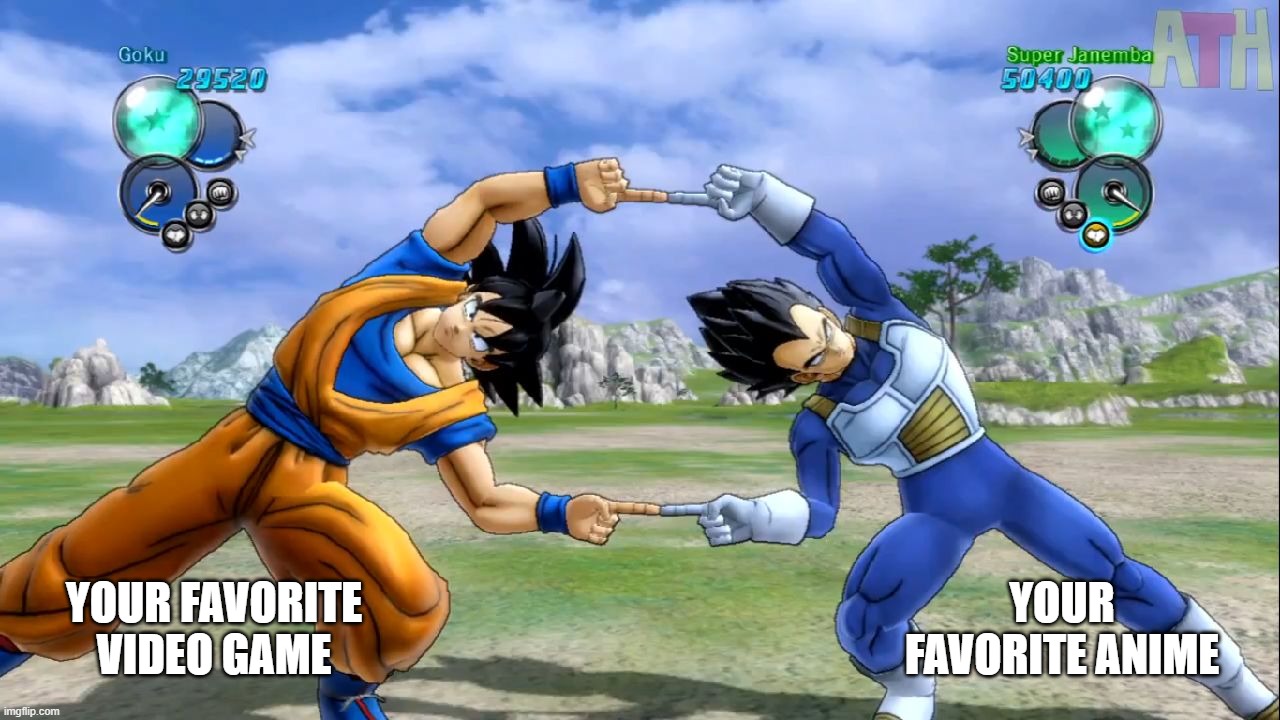 Tell me what would happen | YOUR FAVORITE VIDEO GAME; YOUR FAVORITE ANIME | image tagged in dragon ball fusion | made w/ Imgflip meme maker