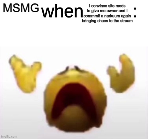 /j | I convince site mods to give me owner and I commmit a narkuum again bringing chaos to the stream; MSMG | image tagged in user when offended | made w/ Imgflip meme maker