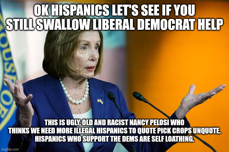 Pelosi is Hispanic for RACIST | OK HISPANICS LET'S SEE IF YOU STILL SWALLOW LIBERAL DEMOCRAT HELP; THIS IS UGLY, OLD AND RACIST NANCY PELOSI WHO THINKS WE NEED MORE ILLEGAL HISPANICS TO QUOTE PICK CROPS UNQUOTE.
HISPANICS WHO SUPPORT THE DEMS ARE SELF LOATHING. | image tagged in nancy pelosi wtf,dnc,democrats,hispanic,liberal hypocrisy,bitch please | made w/ Imgflip meme maker
