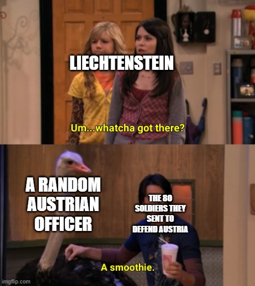 title goes here | LIECHTENSTEIN; A RANDOM AUSTRIAN OFFICER; THE 80 SOLDIERS THEY SENT TO DEFEND AUSTRIA | image tagged in whatcha got there,historical meme | made w/ Imgflip meme maker