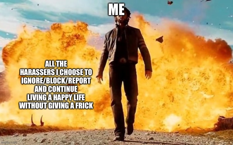 it always works! | ME; ALL THE HARASSERS I CHOOSE TO IGNORE/BLOCK/REPORT AND CONTINUE LIVING A HAPPY LIFE WITHOUT GIVING A FRICK | image tagged in guy walking away from explosion | made w/ Imgflip meme maker