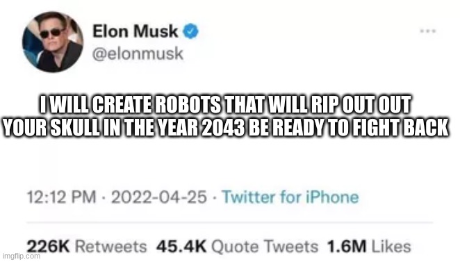 oh no | I WILL CREATE ROBOTS THAT WILL RIP OUT OUT YOUR SKULL IN THE YEAR 2043 BE READY TO FIGHT BACK | image tagged in elon musk,memes,robots | made w/ Imgflip meme maker