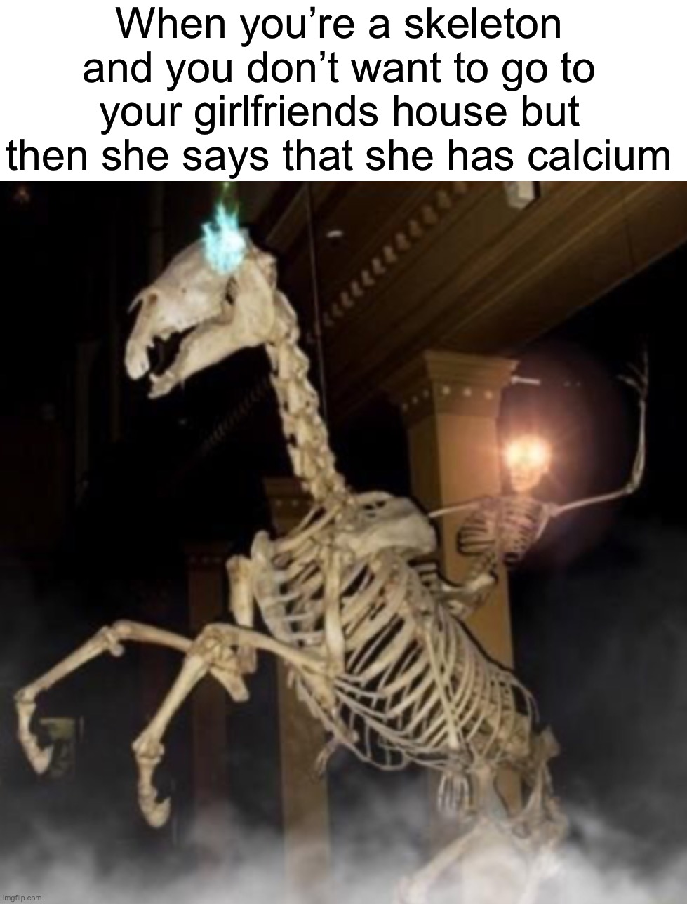 ☠️ Count me in ☠️ |  When you’re a skeleton and you don’t want to go to your girlfriends house but then she says that she has calcium | image tagged in memes,funny,skeleton,spooky month,spooktober,halloween | made w/ Imgflip meme maker