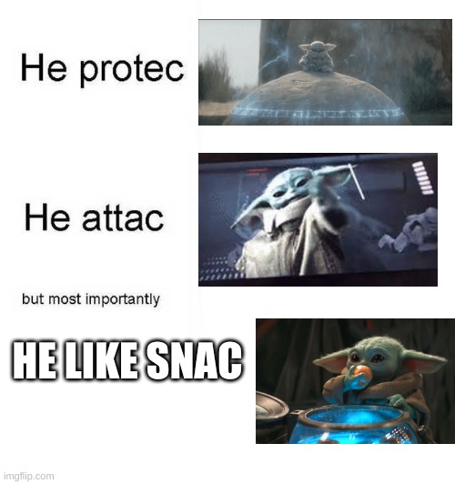 He protec he attac but most importantly | HE LIKE SNAC | image tagged in he protec he attac but most importantly | made w/ Imgflip meme maker