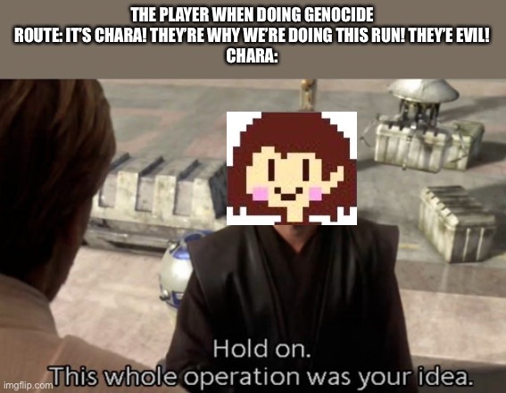 Hold on this whole operation was your idea | THE PLAYER WHEN DOING GENOCIDE ROUTE: IT’S CHARA! THEY’RE WHY WE’RE DOING THIS RUN! THEY’E EVIL!
CHARA: | image tagged in hold on this whole operation was your idea,undertale | made w/ Imgflip meme maker