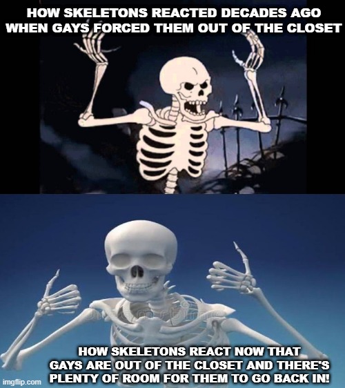 They're Finally Going Back In The Closet | HOW SKELETONS REACTED DECADES AGO WHEN GAYS FORCED THEM OUT OF THE CLOSET; HOW SKELETONS REACT NOW THAT GAYS ARE OUT OF THE CLOSET AND THERE'S PLENTY OF ROOM FOR THEM TO GO BACK IN! | image tagged in spooky skeleton,memes,halloween,halloween is coming,spooktober,spooky month | made w/ Imgflip meme maker