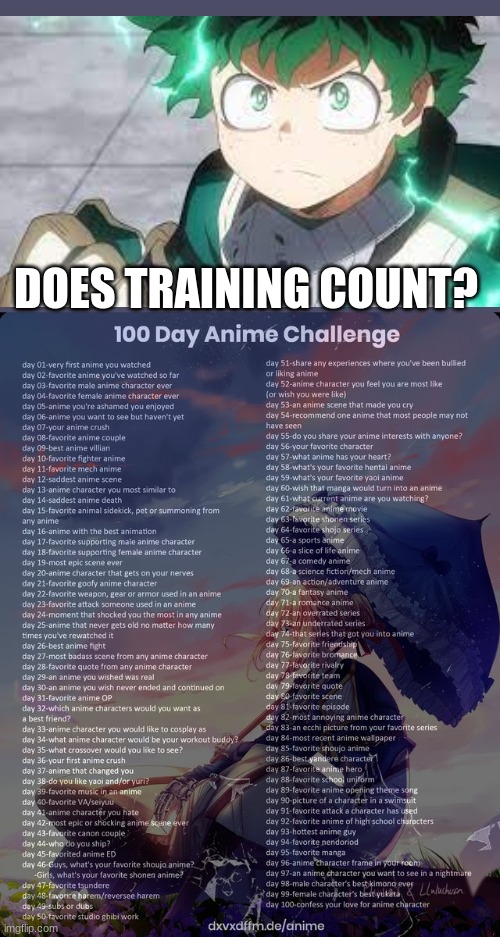 Day 34 | DOES TRAINING COUNT? | image tagged in 100 day anime challenge,deku,mha | made w/ Imgflip meme maker