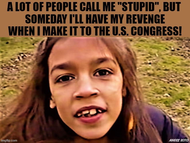 young AOC |  A LOT OF PEOPLE CALL ME "STUPID", BUT 
SOMEDAY I'LL HAVE MY REVENGE
WHEN I MAKE IT TO THE U.S. CONGRESS! ANGEL SOTO | image tagged in political humor,aoc,congress,stupid,revenge | made w/ Imgflip meme maker
