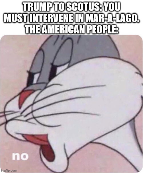 trump to scotus | TRUMP TO SCOTUS: YOU MUST INTERVENE IN MAR-A-LAGO.
THE AMERICAN PEOPLE: | image tagged in bugs bunny no | made w/ Imgflip meme maker