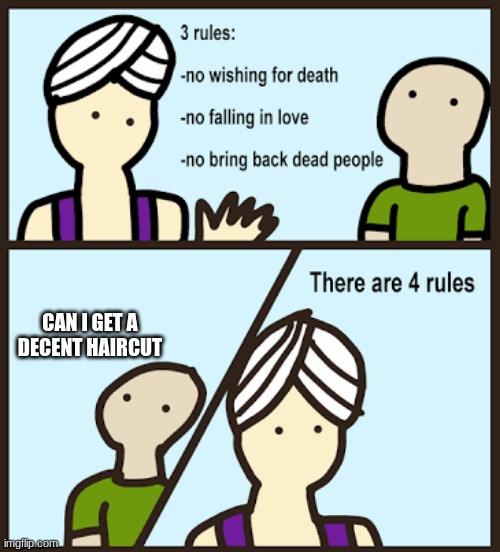 I hate getting haircuts | CAN I GET A DECENT HAIRCUT | image tagged in there are 3 rules | made w/ Imgflip meme maker