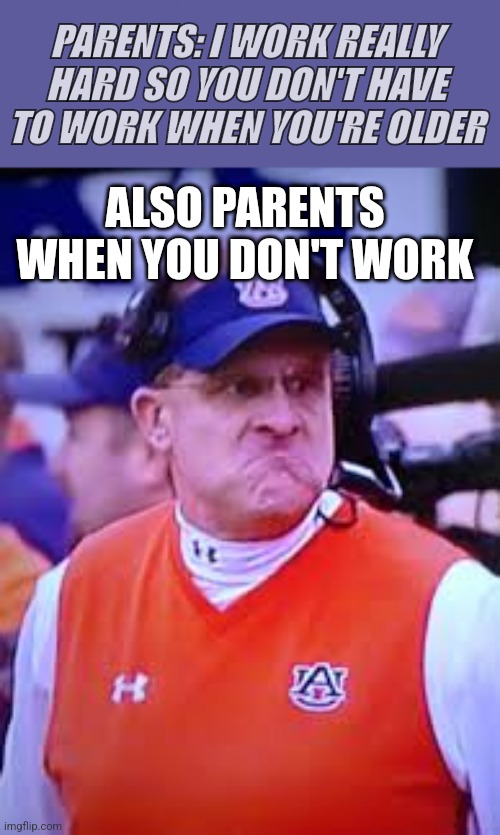 Work | PARENTS: I WORK REALLY HARD SO YOU DON'T HAVE TO WORK WHEN YOU'RE OLDER; ALSO PARENTS WHEN YOU DON'T WORK | image tagged in gus malzaln mad face,funny,work,parents | made w/ Imgflip meme maker