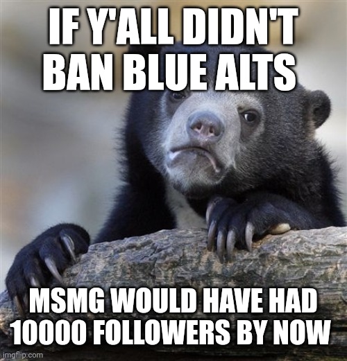Confession Bear Meme | IF Y'ALL DIDN'T BAN BLUE ALTS; MSMG WOULD HAVE HAD 10000 FOLLOWERS BY NOW | image tagged in memes,confession bear | made w/ Imgflip meme maker