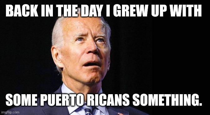 Confused Biden | BACK IN THE DAY I GREW UP WITH; SOME PUERTO RICANS SOMETHING. | image tagged in confused joe biden,joe biden,puerto rico | made w/ Imgflip meme maker