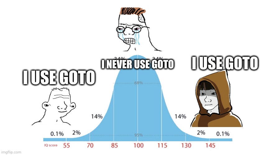 Normal Distribution meme | I NEVER USE GOTO; I USE GOTO; I USE GOTO | image tagged in normal distribution meme | made w/ Imgflip meme maker