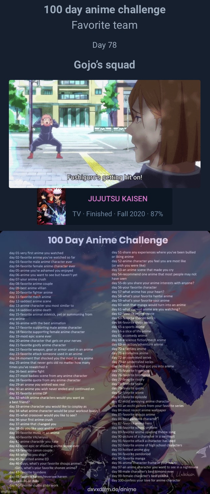 I was post banned so I couldn’t post it yesterday ☠️ | image tagged in 100 day anime challenge | made w/ Imgflip meme maker