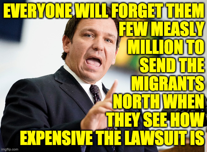 Financial mismanagement - see 'Republicans'. | EVERYONE WILL FORGET THEM
FEW MEASLY
MILLION TO
SEND THE
MIGRANTS
NORTH WHEN
THEY SEE HOW
EXPENSIVE THE LAWSUIT IS | image tagged in memes,desantis,lawsuit,money bungler,republicans | made w/ Imgflip meme maker