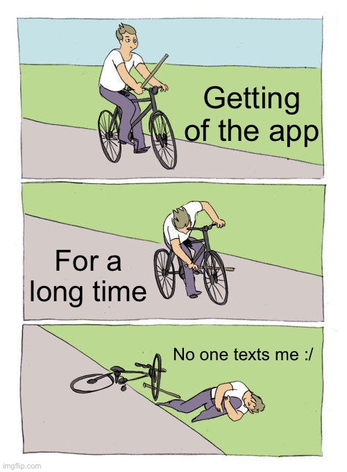 Bro | Getting of the app; For a long time; No one texts me :/ | image tagged in memes,bike fall | made w/ Imgflip meme maker