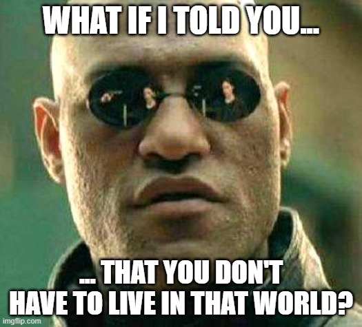You don't have to live in that world | WHAT IF I TOLD YOU... ... THAT YOU DON'T HAVE TO LIVE IN THAT WORLD? | image tagged in what if i told you,morpheus,matrix,you have a choice | made w/ Imgflip meme maker