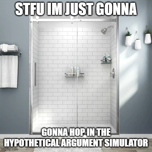 STFU IM JUST GONNA; GONNA HOP IN THE HYPOTHETICAL ARGUMENT SIMULATOR | image tagged in unoriginal,funny not funny,a woman made this ofc,yes i have a cooch istg,why are you reading the tags | made w/ Imgflip meme maker