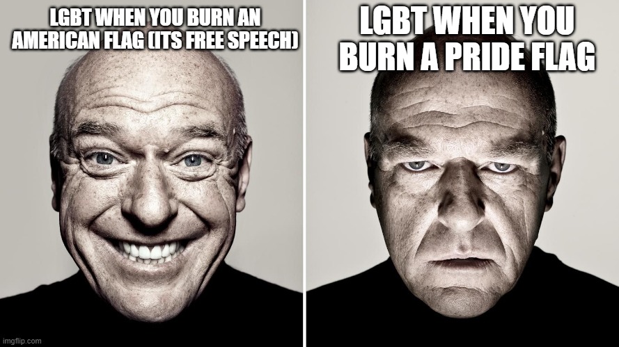 Dean Norris's reaction | LGBT WHEN YOU BURN A PRIDE FLAG; LGBT WHEN YOU BURN AN AMERICAN FLAG (ITS FREE SPEECH) | image tagged in dean norris's reaction | made w/ Imgflip meme maker