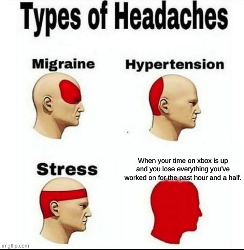 Types of Headaches meme | When your time on xbox is up and you lose everything you've worked on for the past hour and a half. | image tagged in types of headaches meme | made w/ Imgflip meme maker