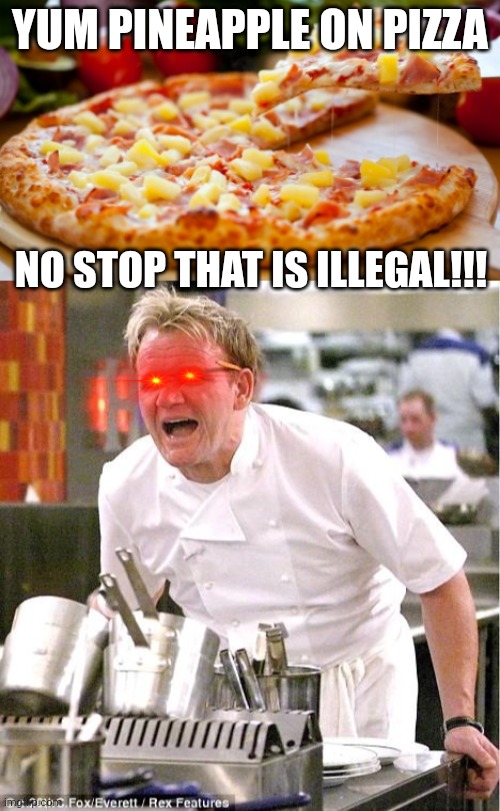 YUM PINEAPPLE ON PIZZA; NO STOP THAT IS ILLEGAL!!! | image tagged in memes,chef gordon ramsay | made w/ Imgflip meme maker