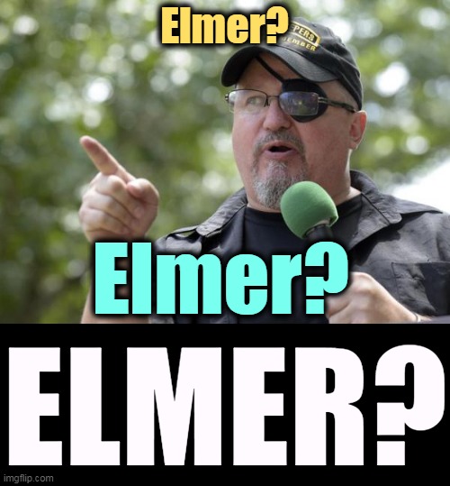 You guys been chasing around in the woods with a guy named Elmer? | Elmer? Elmer? ELMER? | image tagged in elmer fudd,oath keepers,stewart rhodes | made w/ Imgflip meme maker