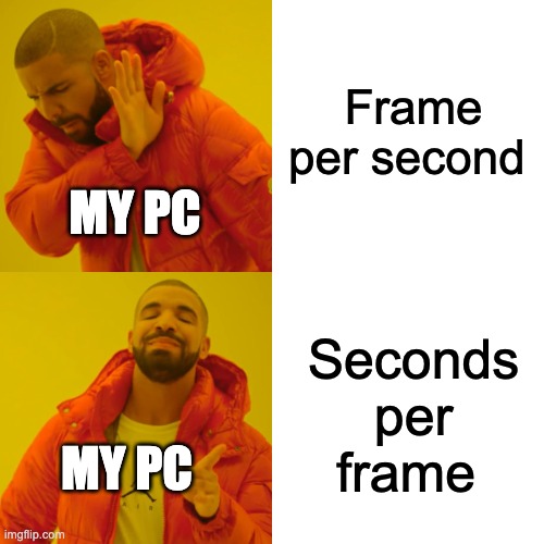 Drake Hotline Bling | Frame per second; MY PC; Seconds per frame; MY PC | image tagged in memes,drake hotline bling | made w/ Imgflip meme maker
