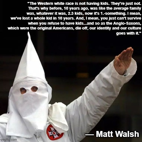 Matt Walsh is a Nazi, surprise surprise. | "The Western white race is not having kids. They're just not.
That’s why before, 10 years ago, was like the average family
was, whatever it was, 2.3 kids, now it's 1.-something. I mean,
we've lost a whole kid in 10 years. And, I mean, you just can't survive
when you refuse to have kids...and so as the Anglo-Saxons,
which were the original Americans, die off, our identity and our culture
goes with it."; — Matt Walsh | image tagged in kkk,nazi,matt walsh,white supremacy,white genocide,great replacement | made w/ Imgflip meme maker
