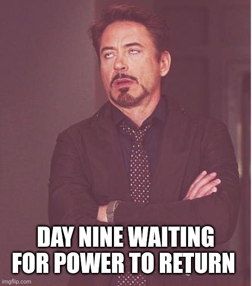 Face You Make Robert Downey Jr | DAY NINE WAITING FOR POWER TO RETURN | image tagged in memes,face you make robert downey jr | made w/ Imgflip meme maker